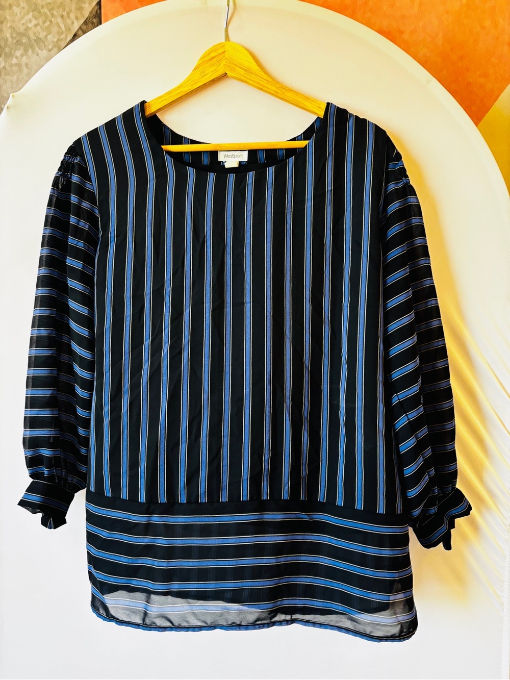 Westport Black Blouse with Blue Pinstripes